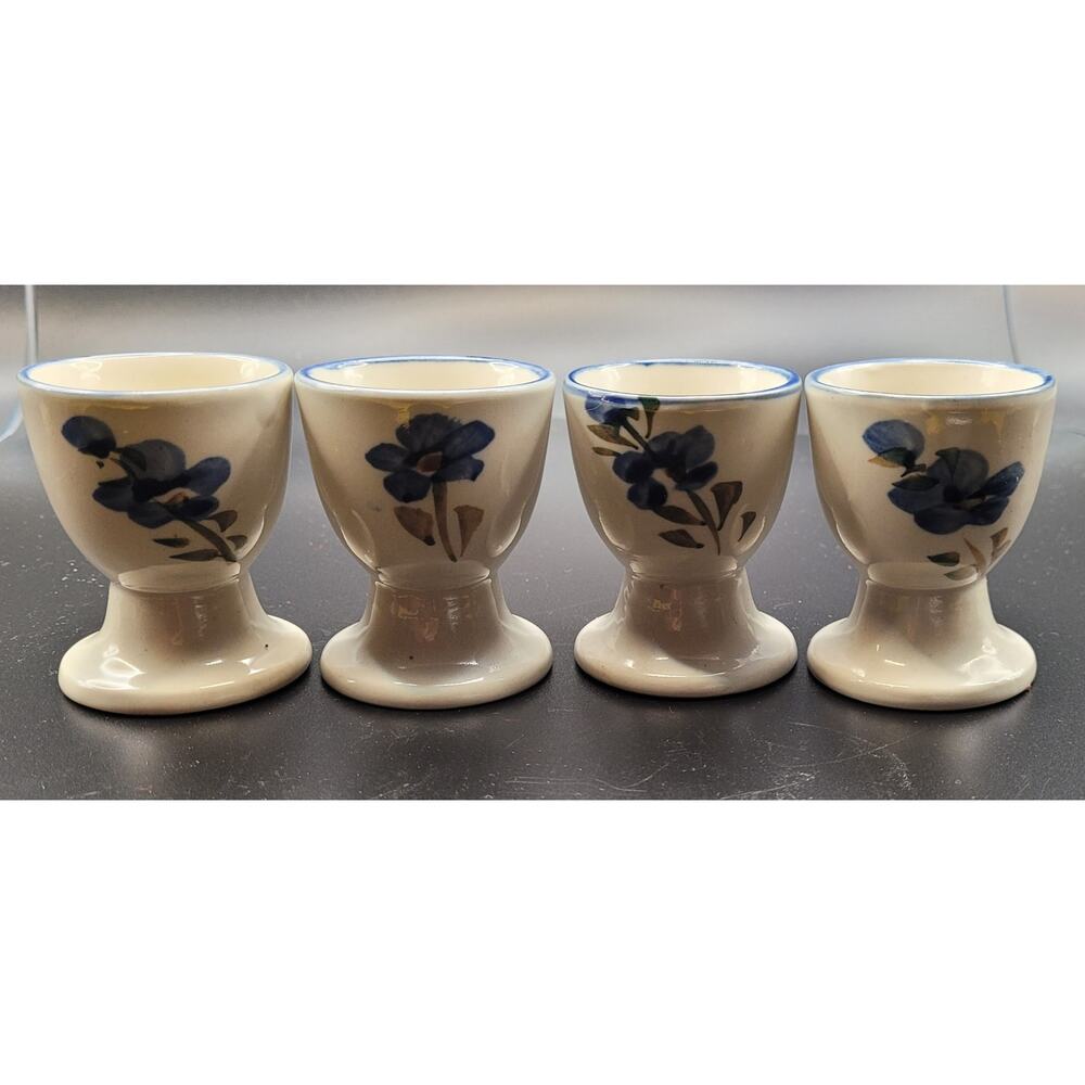 Vintage Scandinavian set of 4 blue and white floral design ceramic egg cups